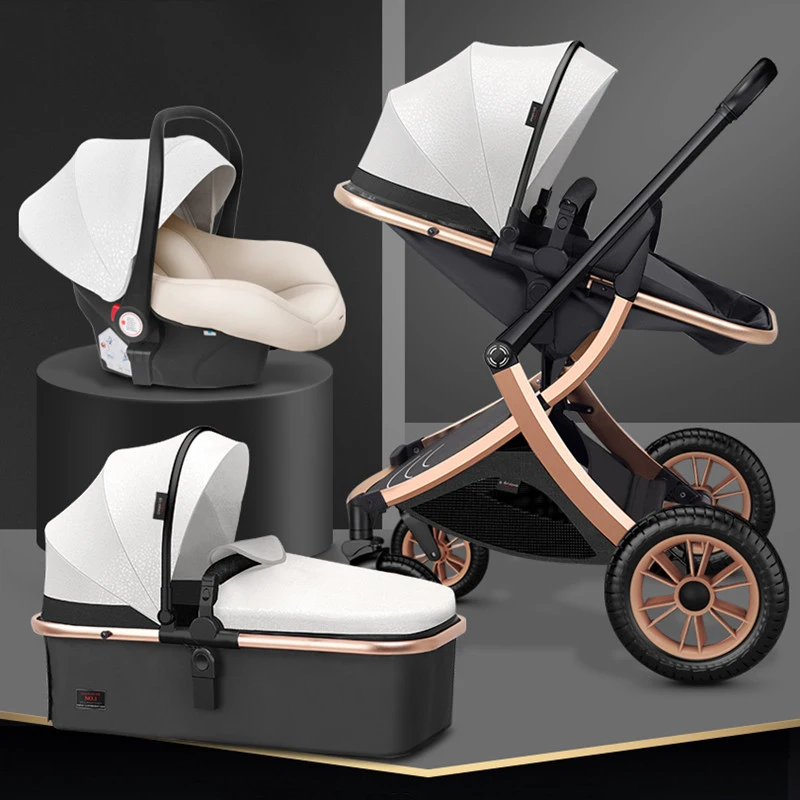 3-in-1-Kinderwagen für Babys, hochlandschaftlicher Kinderwagen mit Autositz, zweiseitig, stoßdämpfender, leichter, zusammenklappbarer Kinderwagen für Neugeborene Image