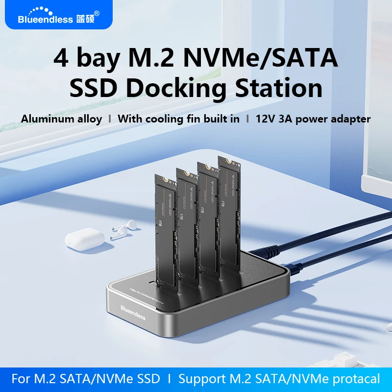 Blueendless 4-Bay M.2 NVMe/SATA SSD-Dockingstation Typ C USB3.1 10 Gbit/s m2 NVME PCie SATA NGFF Dual-Protokoll Aluminium-SSD-Gehäuse Image