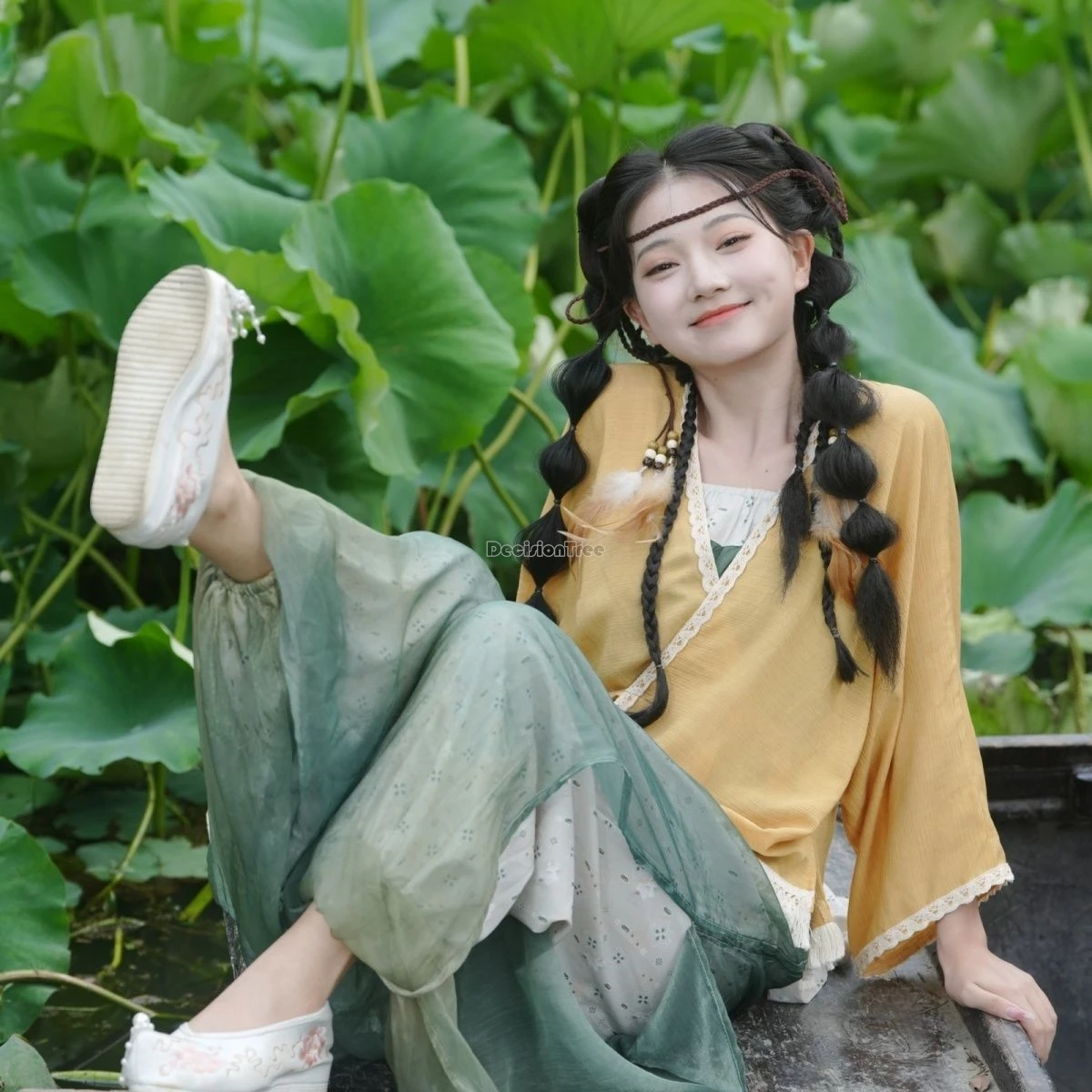 2025 neue chinesische Song-Dynastie Retro Casual Style Höschen Hosen Hanfu Anzug täglich moderne Sommer Frauen 3 Stück lose Hanfu Set B004 Image