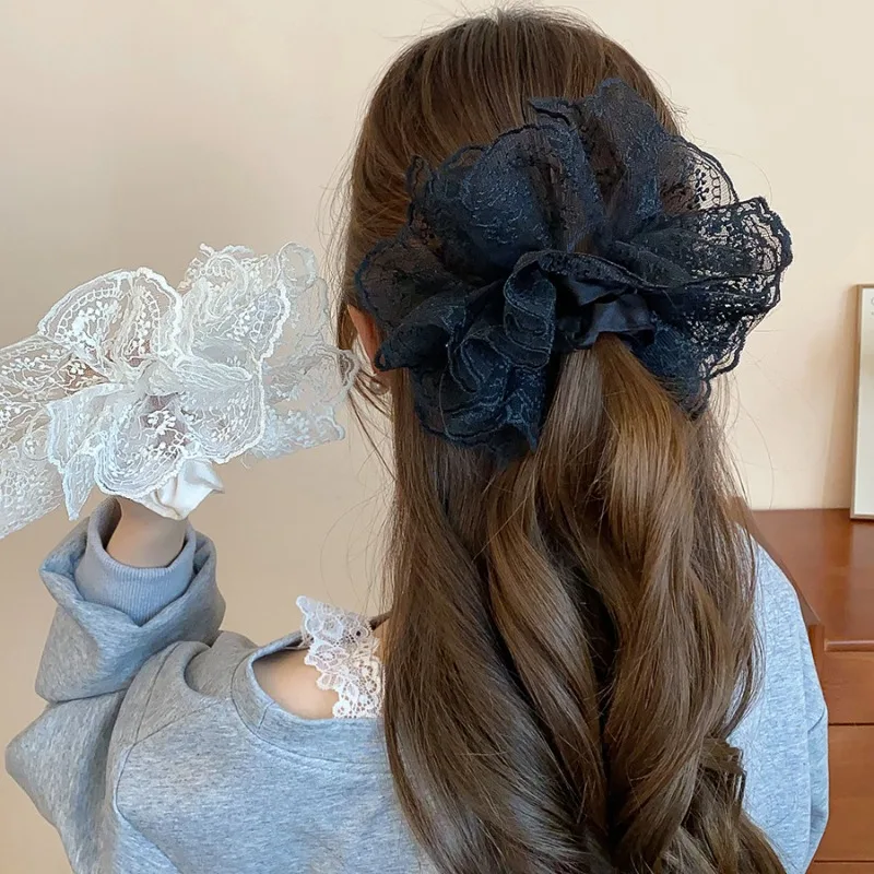 Große Spitze gestrickte Haargummis für Frauen Fairycore koreanische sanfte Kopfblume süße Prinzessin Brötchen Pferdeschwanzhalter Zubehör Image