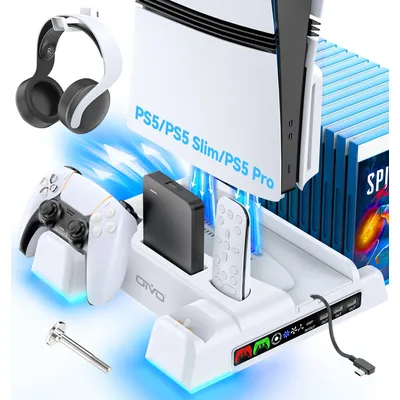 For PS5/PS5 Slim/PS5 Pro Cooling Station with LED Dual Controller Charging Station for PlayStation 5