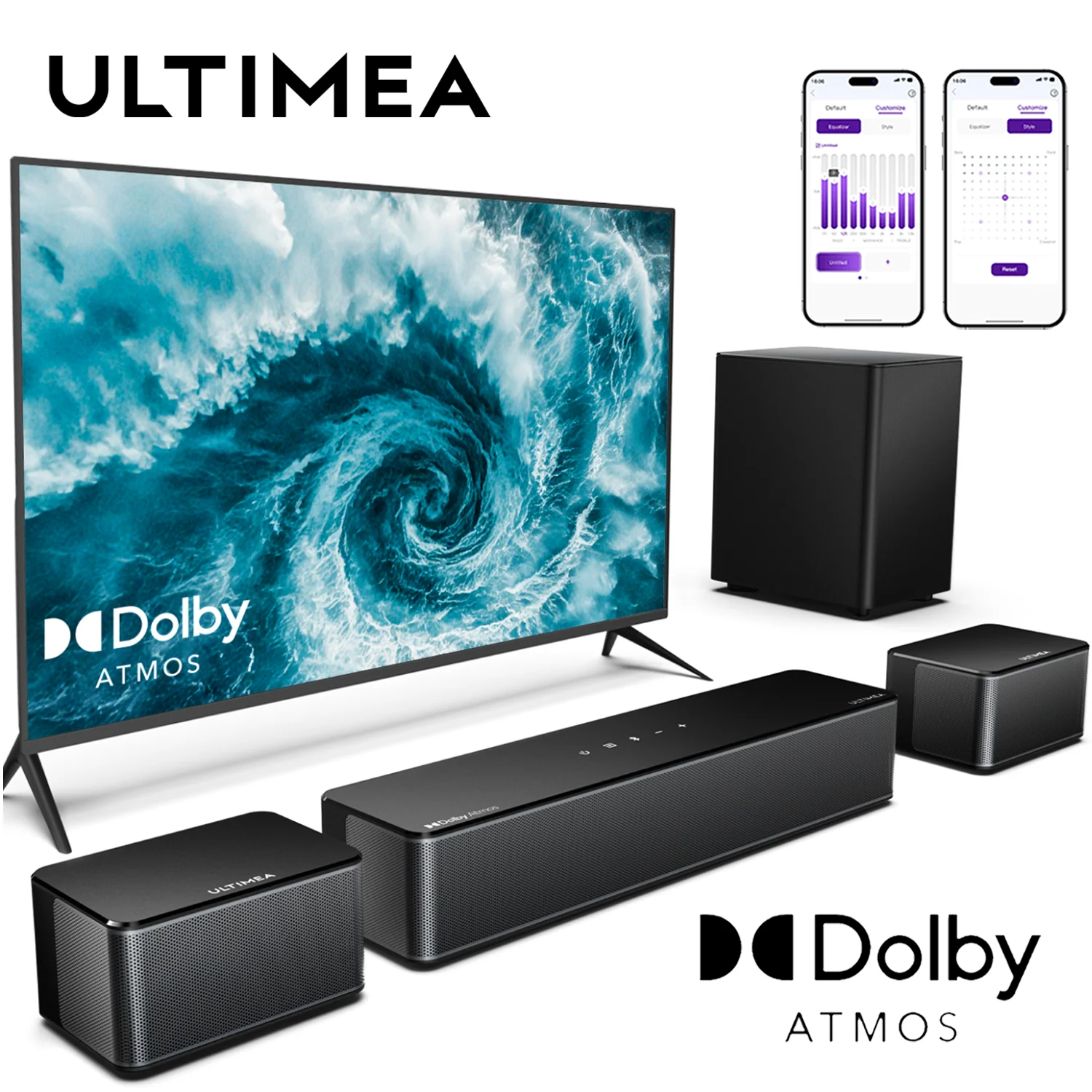Barre de son ULTIMEA 450 W 5.1 Dolby Atmos, système de son surround 3D pour home cinéma, 2 enceintes surround et caisson de basses sans fil, contrôle par application