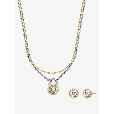 Michael Kors Pavé Two-Tone Lock Necklace and Stud Earrings Jewelry Gift Set Silver One Size