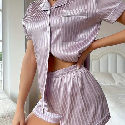 TEMU Elegant Light Purple Women's Pajama Set - Short Sleeve Button- & Waist Shorts, No Stretch, Breathable Polyester Image