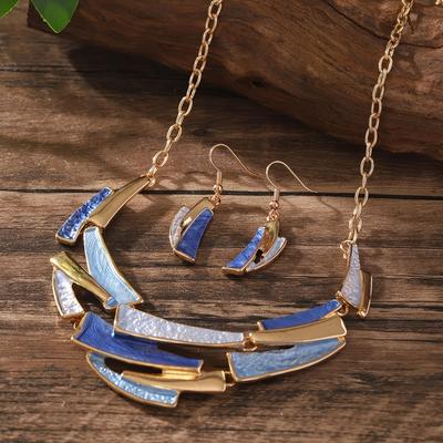 TEMU Geometric Link Earrings And Necklace Set: Vintage Bohemian Style, Alloy Material, Suitable For And Parties Image