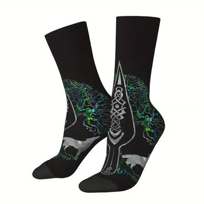 TEMU 1 Pair Biihudu Socks For Men - 3d Printed, Polyester With Elastane, Breathable & Comfortable, Mid-calf With , Casual Attire, Biihudu Image