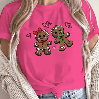 TEMU Women's Casual Polyester T-shirt With Gingerbread Man Print, Crew Neck, Short Sleeve, Regular Length, Top - 100% Polyester Knit Fabric, 180gsm Image