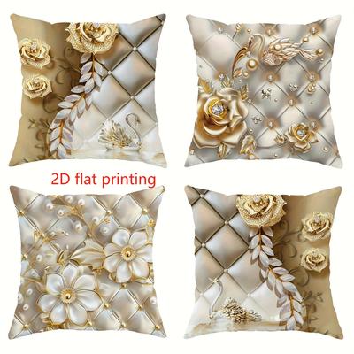 TEMU 4pcs Gorgeous And Elegant Golden Floral Pillowcase Suitable For Living Room, Bedroom, Sofa, Bed, Hotel, No Pillow Core, Single-sided Printing Decoration Image