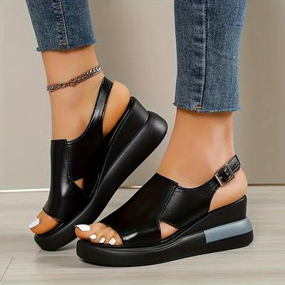 TEMU Comfortable Flat Heel Platform Wedge Sandals For Women - Soft Upper, Strap, Open Toe Design, Polyurethane Pu Sole, Casual Shoes For Everyday Wear Image