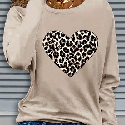 TEMU Cozy Heart Pattern Long Sleeve T-shirt For Women - Casual Crew Neck, Polyester , Machine Washable - Fall & Winter Image