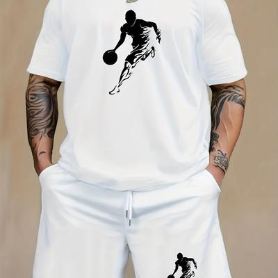 TEMU White Men' Casual Sports Outfit Consisting Of A Short-sleeve Top And Pants, A Two-piece Set. Image