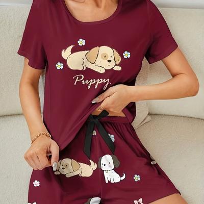TEMU High Quality 2pcs Sleepwear Set, Cute Cartoon Dog Print Sleepwear Set, Short Sleeved Round Neck Top And Bow Decoration Elastic Shorts, Suitable For All , Women's Sleepwear And Image