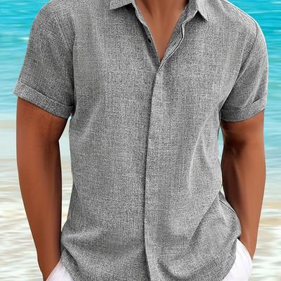 TEMU Men' Gray Linen Blend Casual Shirt - Short Sleeve, Invisible Button Closure, Ideal For Beach, Party & Casual Attire, Summer Outfit|semiformal Attire|nontransparent Material Image
