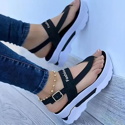 TEMU Elegant Women's Thick Heel Sandals - Open Toe, Ankle Strap, Synthetic Upper & Lining, Rubber Sole, Summer Slip-on Design, Low Heel Platform Sandals|elegant Footwear|synthetic Upper Sandals Image