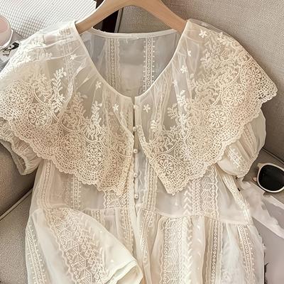 TEMU Elegant Casual V-neck Lace Blouse With Ruffles For Women Image