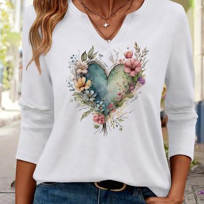 TEMU Women's Casual V-neck Three-quarter Sleeve Top With Floral Heart Appliqué Design - Soft Beige, Medium Stretch, Machine Washable, , Mediumstretch Fabric Image