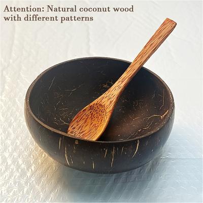 TEMU 2pcs [1 1 Spoon] Handmade Coconut Shell Bowls With Wooden Spoons - Uncharged, Material, Ideal For Salads, Fruits & Cereals, Image