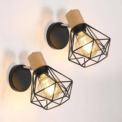 2er-Pack schwarze Vintage-Innenwandleuchten, drehbare Wandleuchten aus Metall und Holz für Image