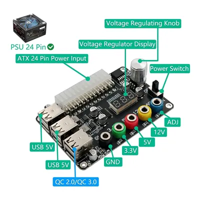 24Pin ATX Power Supply Breakout Board Power Module Adapter Connector Adjustable Voltage Knob 6 Port