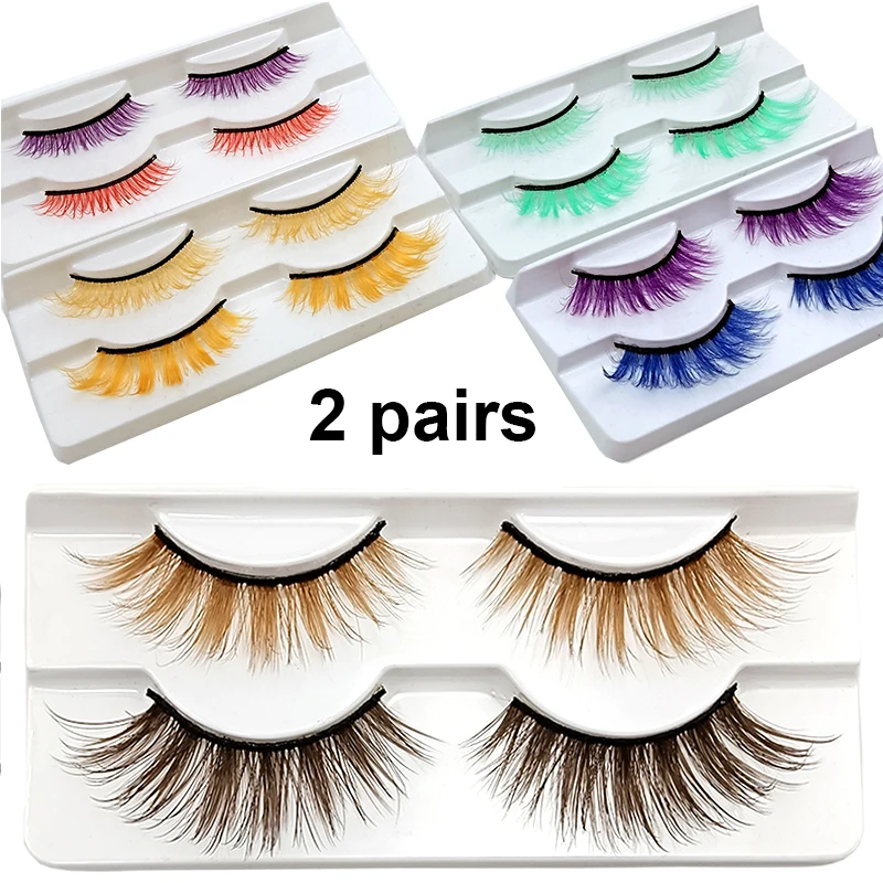 2 Pairs Natürliche Farbige Wimpern Gefälschte Flauschigen Rot Blau Regenbogen Wimpern Halloween Weiß Cils Cosplay Mix Farben Make-Up Wimpern Image