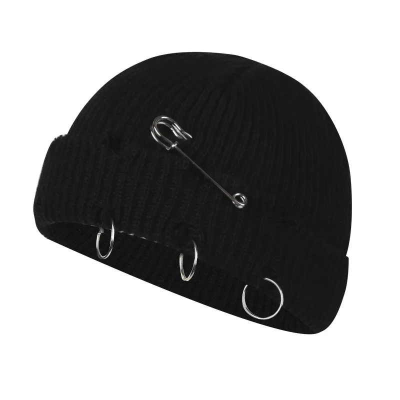 Marke Oohmy Frauen Mädchen Y2k Gothic Beanie Winter Stricken Hüte Trendy Metall Ringe Pin Hip Hop Streetwear Harajuku Schädel Kappe Image