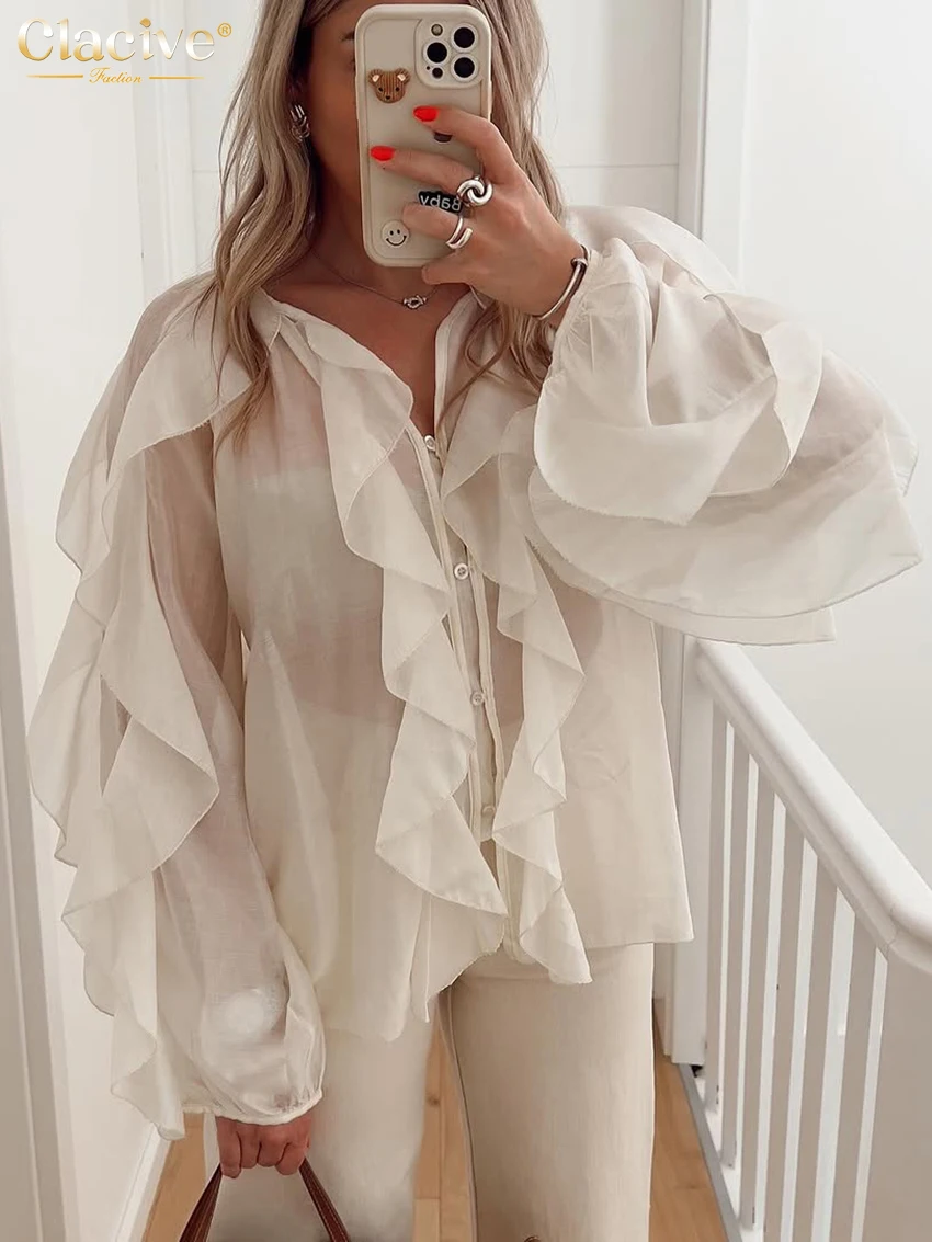 Clacive Mode Lose Rosa frauen Hemd 2025, Sexy V-ausschnitt Langarm Shirts Elegante Klassische Rüschen Solide Top Weibliche Kleidung