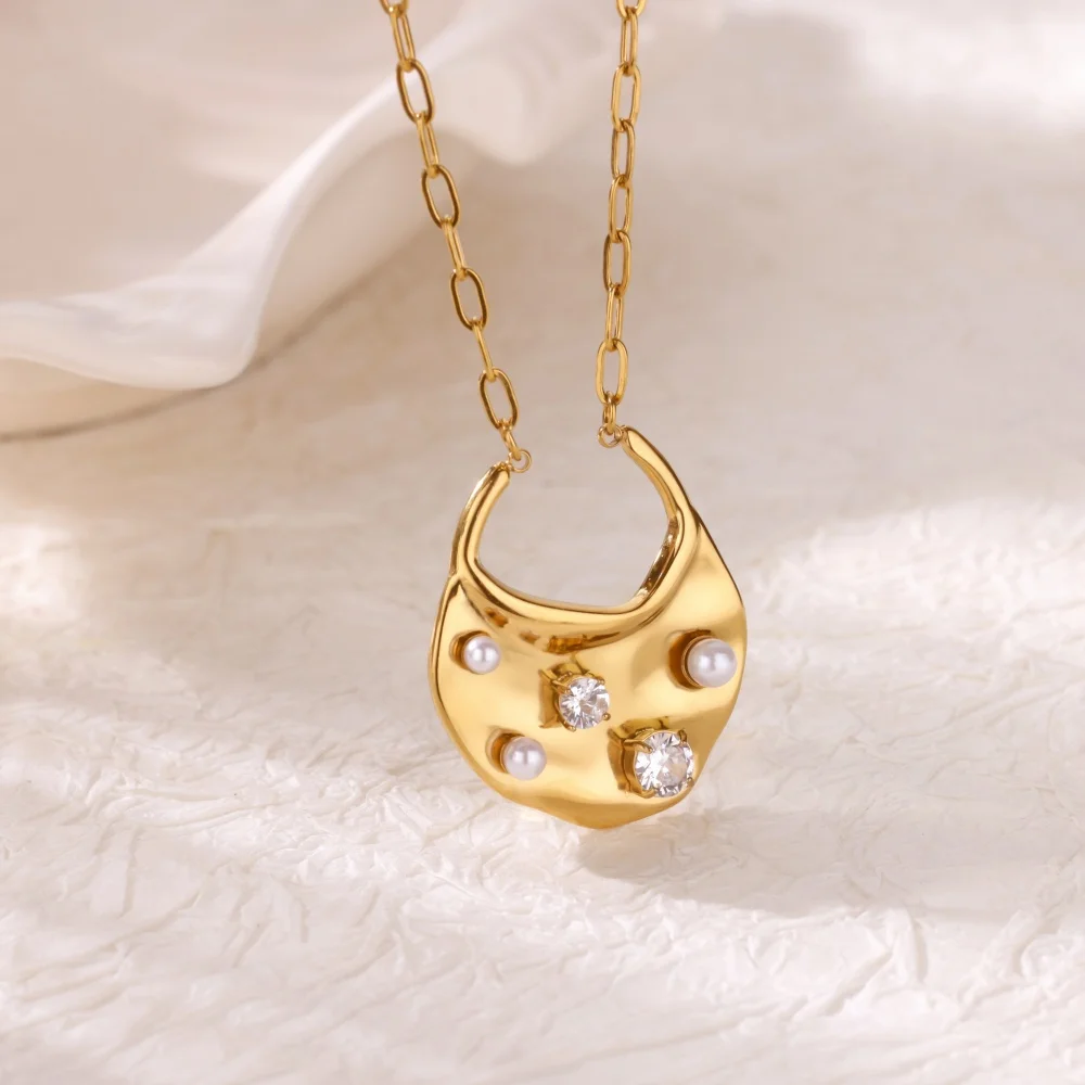 Edelstahl Zirkon Imitation Perle Halsketten Für Frauen Gold Farbe Geometrische Anhänger Halskette Hochzeit Geburtstag Luxus Schmuck Image