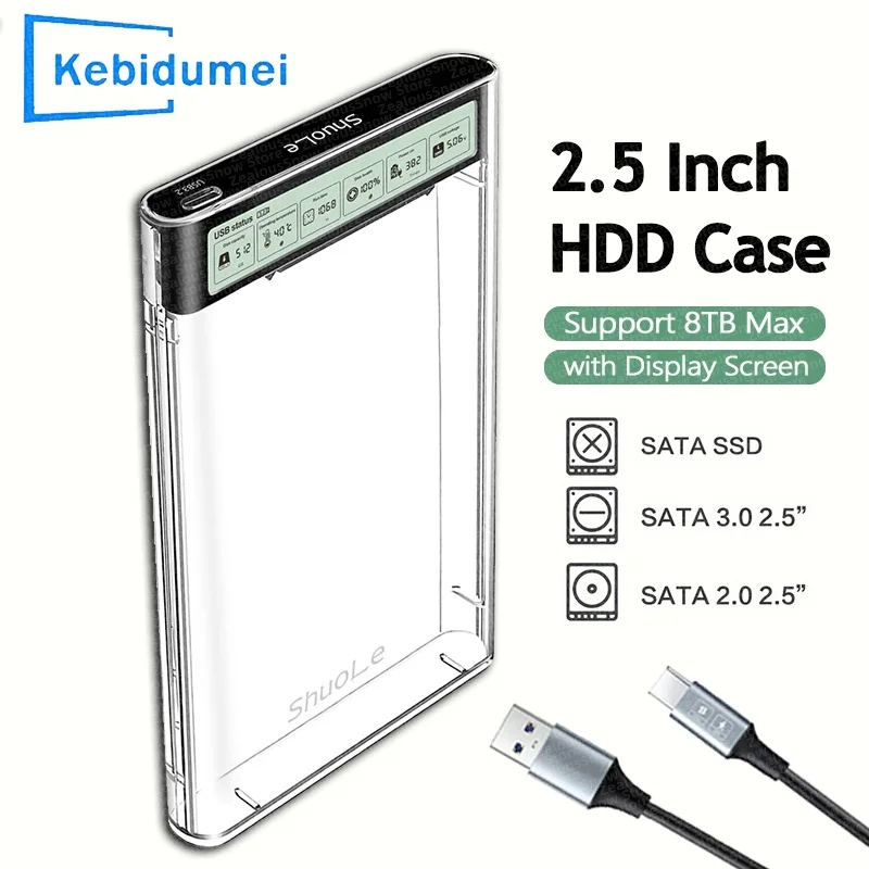 USB3.2 HDD-Gehäuse, 2,5 Zoll HDD SSD, externes Festplattengehäuse mit Display, transparenter tragbarer Aufbewahrungskoffer für Laptop-PC Image