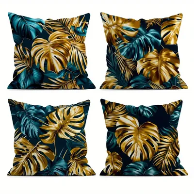 Gold und blaues tropisches Blatt – Rhythmus-Kissenbezüge, Schlafzimmer, Wohnzimmer, Sofa, Image