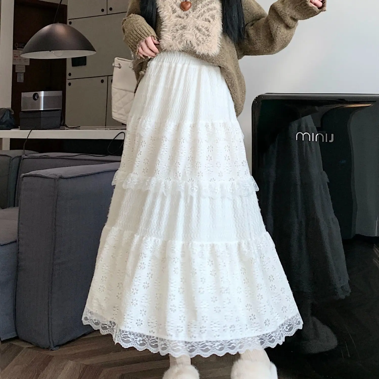 Frauen Sommer Chiffon Midi Rock Rüschen Spitze Mesh Vintage Große Große Plus Größen Casual Elegante Party Mode Lose Röcke