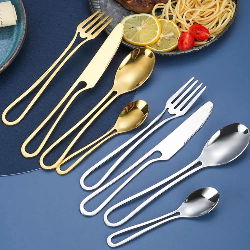 4Pcs Höhlte Out Griff Geschirr Set Messer Gabel Löffel Geschirr Edelstahl Besteck Westlichen Lebensmittel Anzug Besteck Set Image