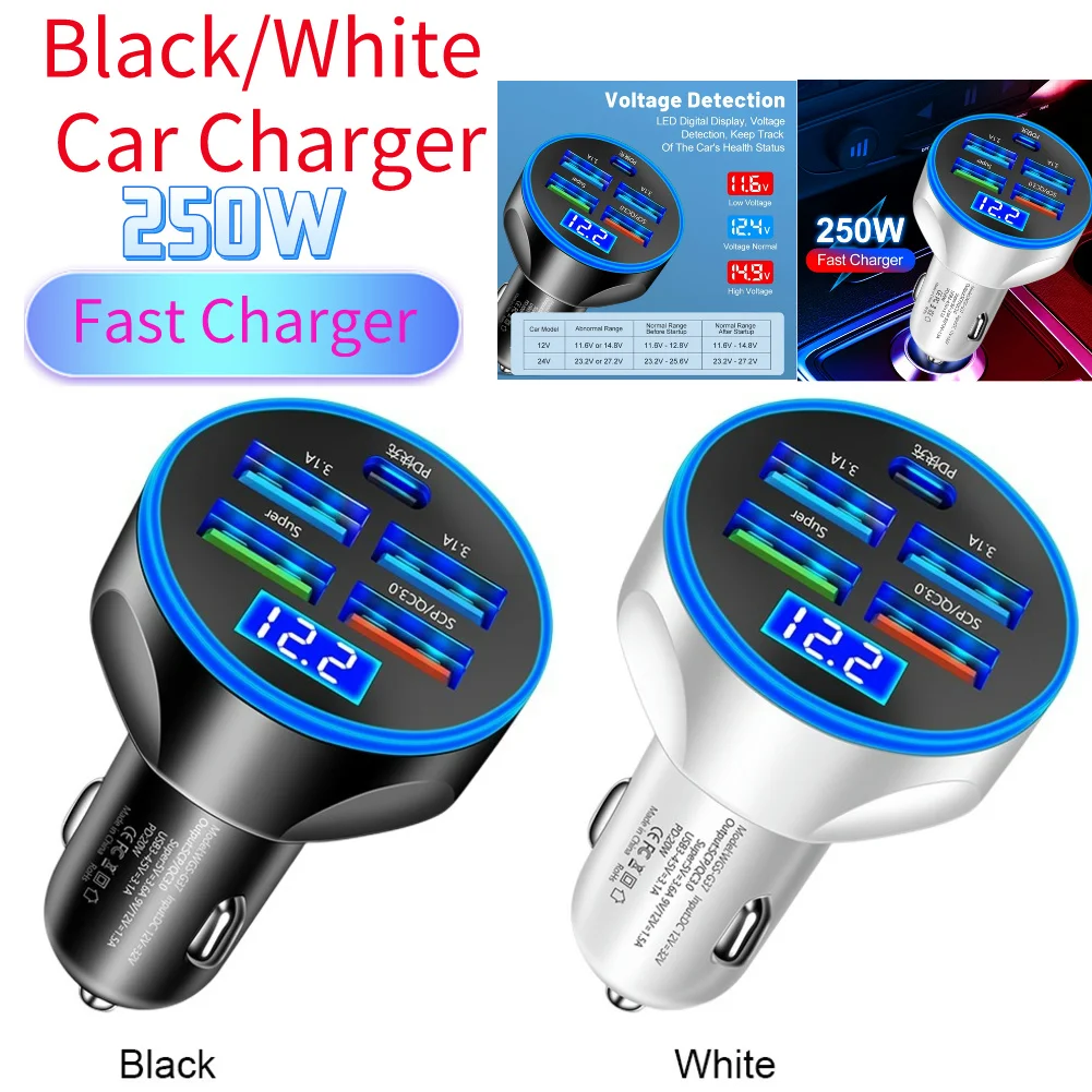 250 W 5 Ports Auto Ladegerät Typ C Schnelle Lade PD QC3.0 USB C Auto Telefon Ladegerät Adapter im Auto für iphone Samsung Huawei Xiaomii Image