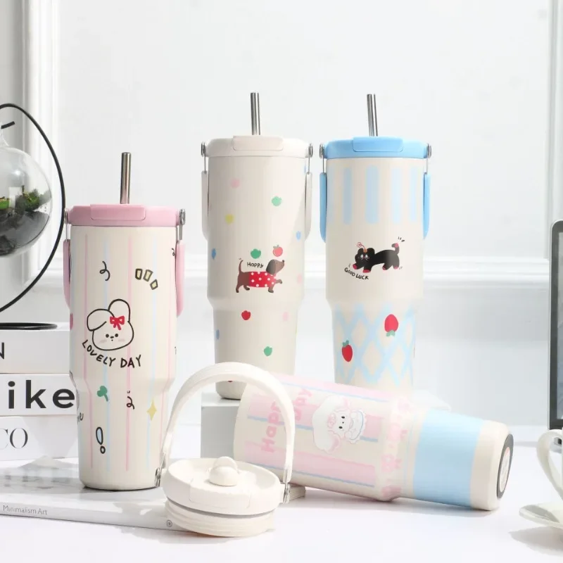 900 ml Nette Isolierte Tumbler Kaffeetasse Für Mädchen 316 Edelstahl Thermo Flasche Reise Becher Isolierflasche Mit Griff Stroh Image