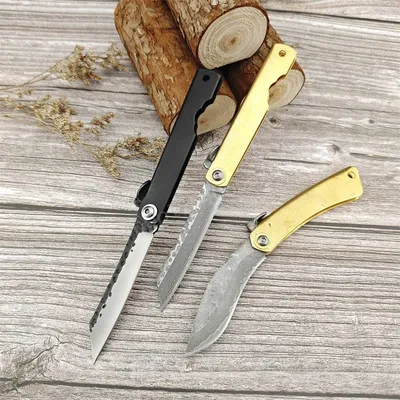 Folding Pocket Knife Higonokami Small Kitchen Knives Damascus Steel Blade Copper Handle Outdoor EDC