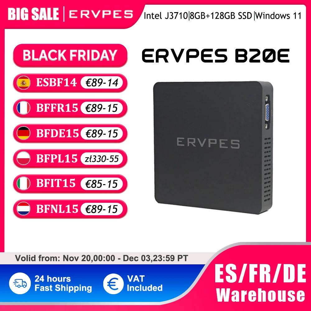 ERVPES 2025 B20E Mini PC Intel J3710 Windows 11 Pro DDR3 8GB RAM 128GB SSD HDMI/VGA BT 5.0 USB bureau Compact pour le travail/maison