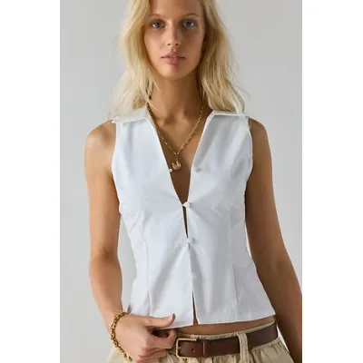 UO Party Girl Cotton-Blend Button Down Sleeveless Shirt - White S at Urban Outfitters
