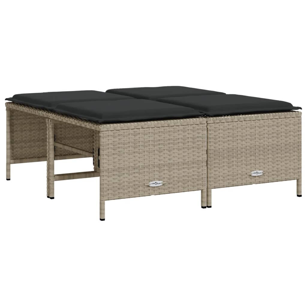 vidaXL Gartenhocker mit Kissen 4 Stk., Sitzhocker mit Stahlrahmen, Fußhocker für Garten Terrasse, Hocker Gartenmöbel, Hellgrau Poly Rattan Image