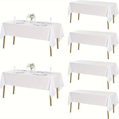 TEMU 6pcs Elegant White Polyester Tablecloths - Wrinkle Resistant, Washable Rectangular Covers For Weddings, Parties, And Home Use Image