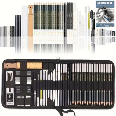 TEMU 54-pack Sketch Drawing Pencils Kit With Sketchbook, Graphite, Charcoal Pencils And Artists Tools, Drawing Supplies, Ideal For Sketching Shading Image