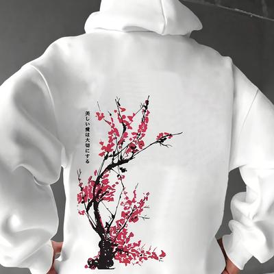 TEMU Men's Casual Hoodie With Cherry Print, 100% Polyester Knit Fabric, Stretch, Loose Fit, Spring/fall Weekend Wear, 250g/m² - White Image