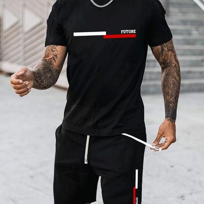 TEMU Men's Trendy Casual Sportswear Set For Summer In Large Sizes, Featuring Stylish Short-sleeve Shirts And Shorts For Running, Plus Size Image