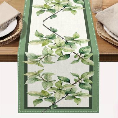 "TEMU 1pc Leaves Table Runner - 72" Knitted Polyester, Elegant Watercolor Design With Dark Green Border, Holiday Parties, Home Kitchen & Dining Decor, Gift Idea" Image