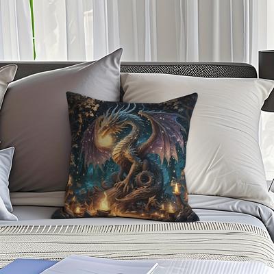 TEMU Dragon Design Throw Pillow Cover, 18x18 Inch, Soft Short Plush Polyester, Ideal For Gifts And Home Decor - Magical And Print, Machine Washable (no Insert), Dragon Decor Image