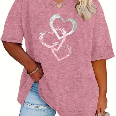 TEMU Women's Plus Size Casual T-shirt With Sparkling Heart Print - Soft Polyester, V-neck, Short Sleeve, Relaxed Fit, Top, Top| Casualwear|sparkling , Plus Size Shirts Image