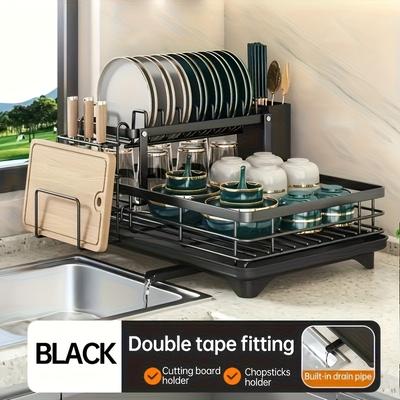TEMU 2025 Upgraded Double-tier Carbon Steel Dish Rack With Drain Tray – Large Capacity, Rust-resistant, Includes Utensil Holder And Cutting Board Rack – Home Or Commercial Kitchens, Blac Image