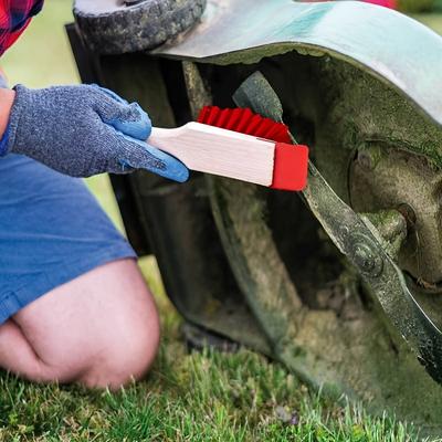 TEMU 1pc Heavy-duty Hard Bristle Brush With Scraper - Wooden Handle Lawn Mower Deck Cleaner Tool, Green & Red Bristles For Grass Clippings Removal, Outdoor Maintenance Brush Image