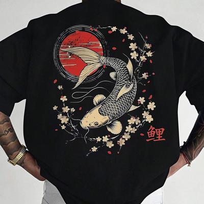 TEMU Men's Casual Fish & Cherry Print T-shirt - Loose Fit, Short Sleeve, Round Neck, 100% Polyester, Summer Outdoor Wear, Relaxed Style, Summer Casual Wear | Relaxed | Glossy Finish, Plus Size Image
