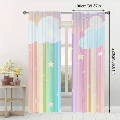 TEMU 2pcs Rainbow Striped Cartoon Curtains - Whimsical Cloud & , Pastel Colors, Rod Pocket For Easy Hanging, ' Room, Playroom, Or Bedroom Decor (rod Not Included), Curtains For Living Room Image