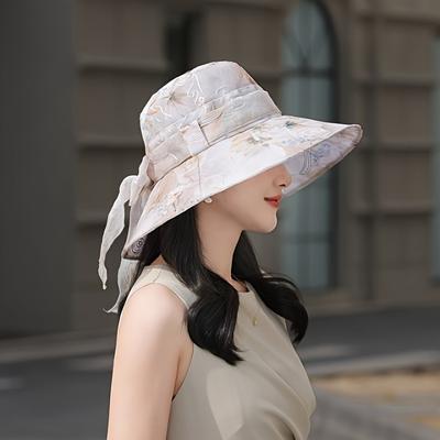 TEMU Women's Summer Sun Hat, Large Brim Fisherman Hat, Lace Flower Bow, Breathable, Polyester 100%, Woven, Bucket Cap, Hand Wash, With Closure, Random Tie-dye Pattern, For Women, Outdoor, Elegant Image