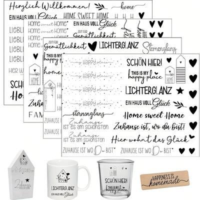 "TEMU 4 Transparent Transfer Stickers With The Theme Of "happy " In German, Art Stickers, Suitable For Diy Furniture, Glass, Ceramics And Wooden Crafts, Large Size 19cm×14cm" Image